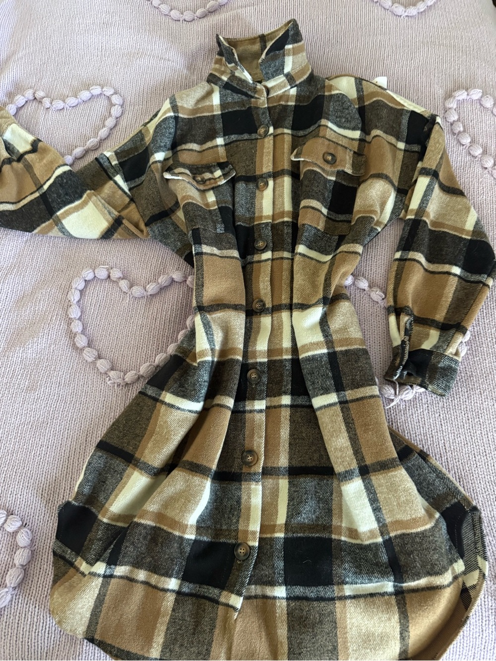 Women’s Plaid Button-Front Shirt Dress in Beige and Black
